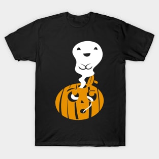 Cute Ghost Emerging From Shocked Jack-O-Lantern - Children's Halloween Illustration T-Shirt